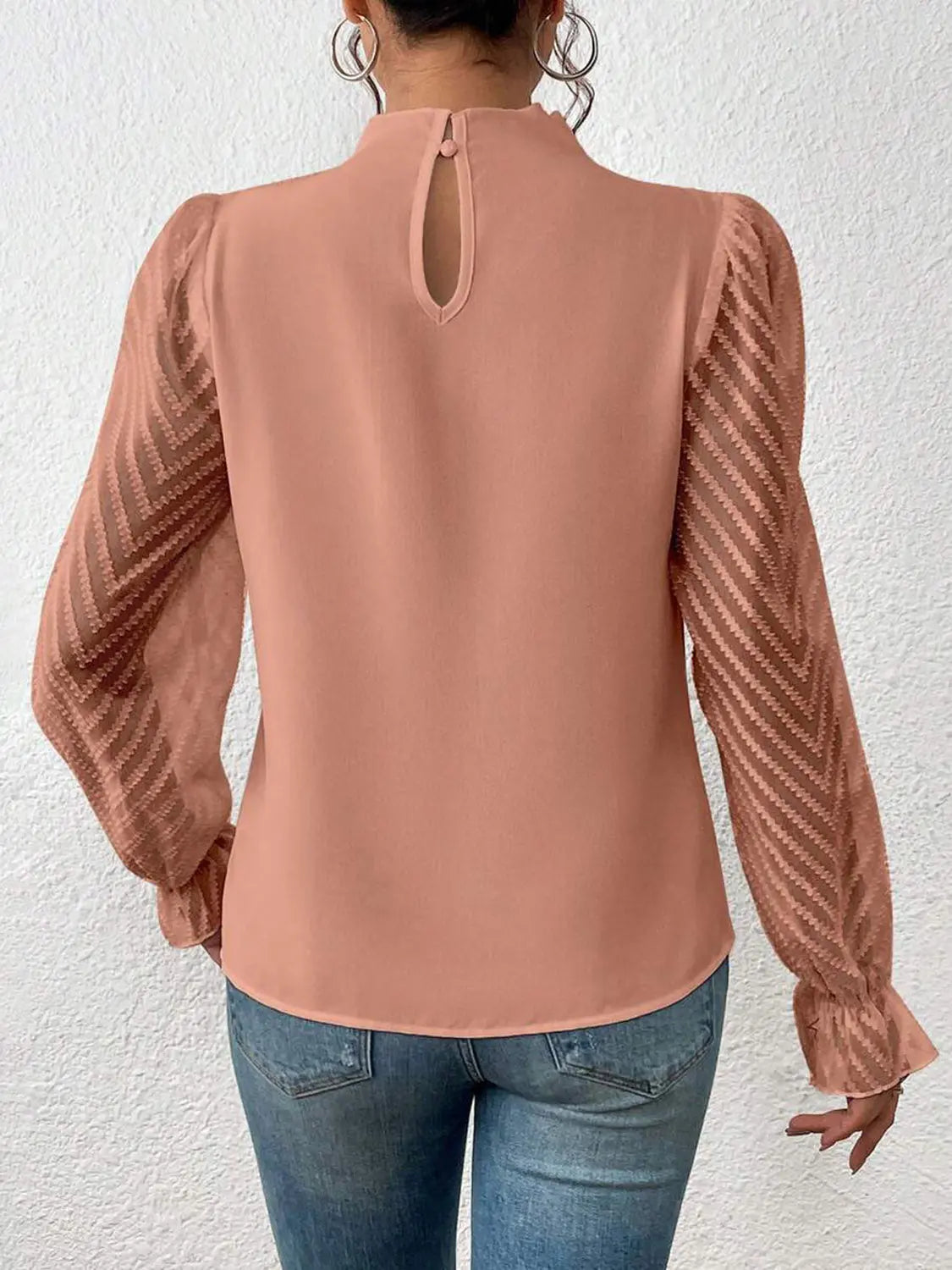 Mock Neck Flounce Sleeve Blouse - GlossiChic Collection Navy / S GlossiChic Collection Shirts & Tops