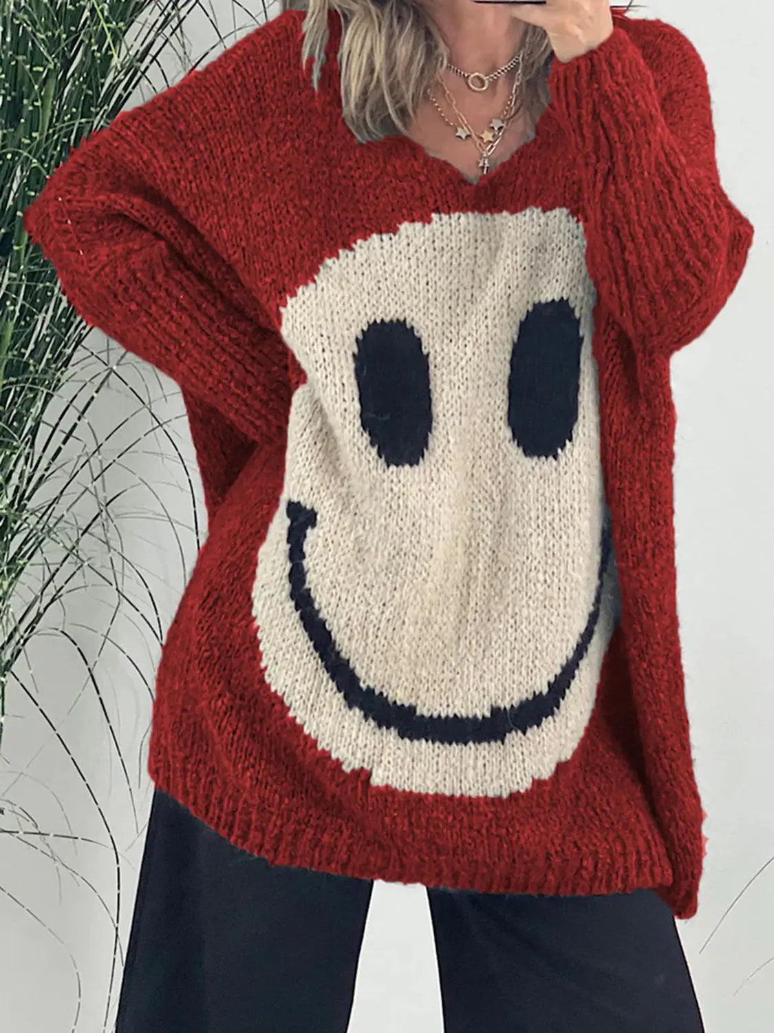 Smiling Face V-Neck Long Sleeve Sweater GlossiChic Collection