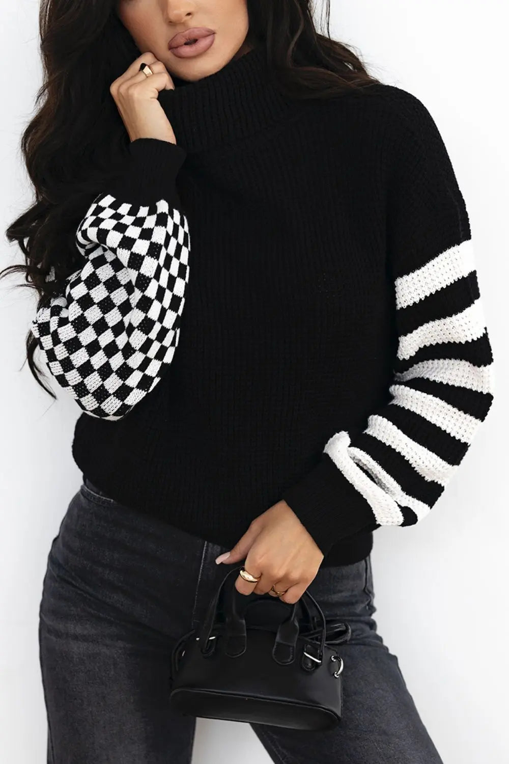 Striped & Checkered Turtleneck Dropped Shoulder Sweater GlossiChic Collection