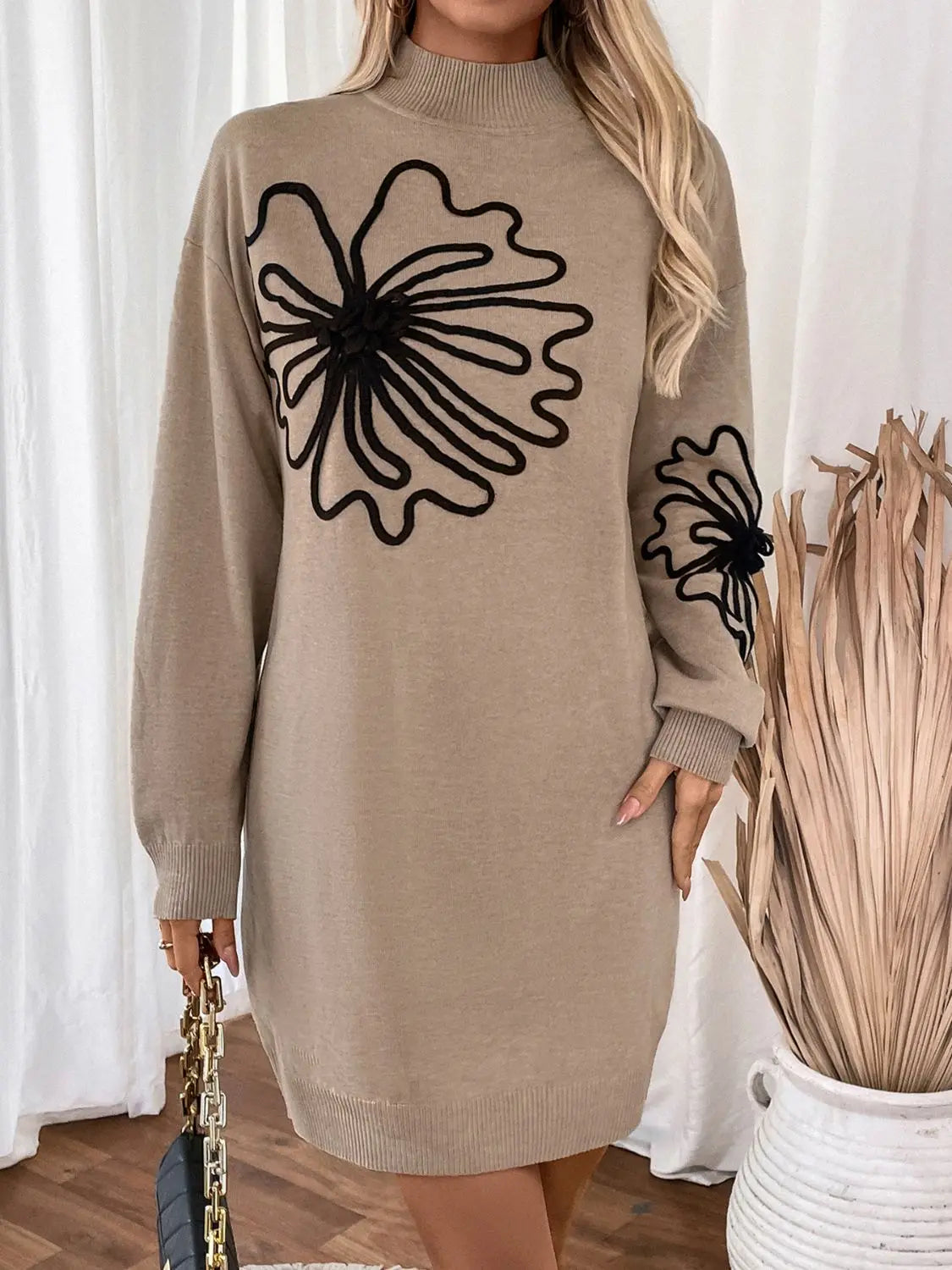 Perfee Flower Mock Neck Long Sleeve Sweater Dress Trendsi