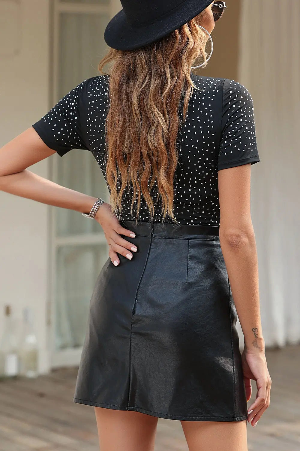 Rhinestone Allover Round Neck Short Sleeve Bodysuit - GlossiChic Collection Black / S GlossiChic Collection Bodysuits