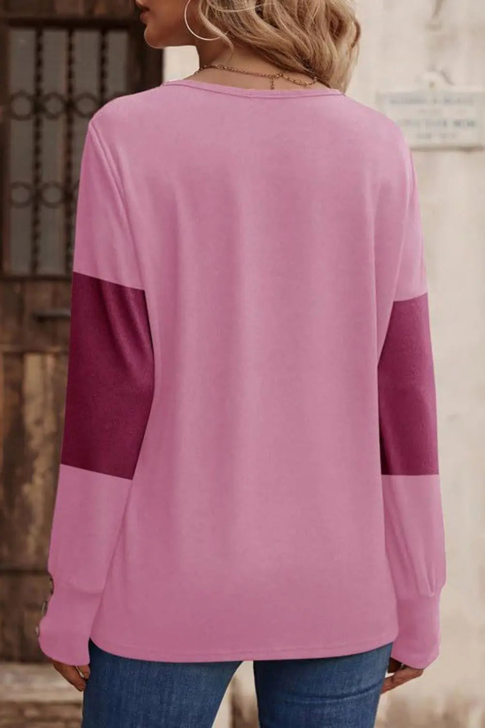 Decorative Button Contrast V-Neck Long Sleeve T-Shirt Trendsi