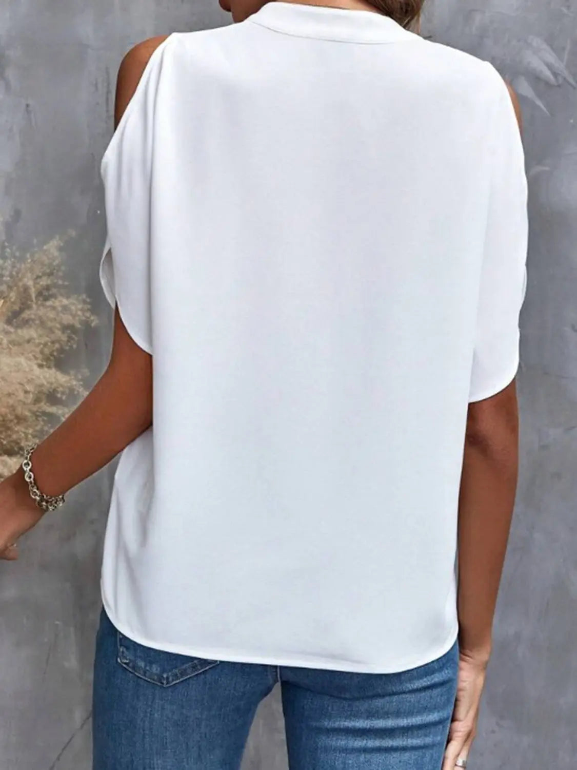 Notched Cold Shoulder Half Sleeve Blouse - GlossiChic Collection White / S GlossiChic Collection Shirts & Tops