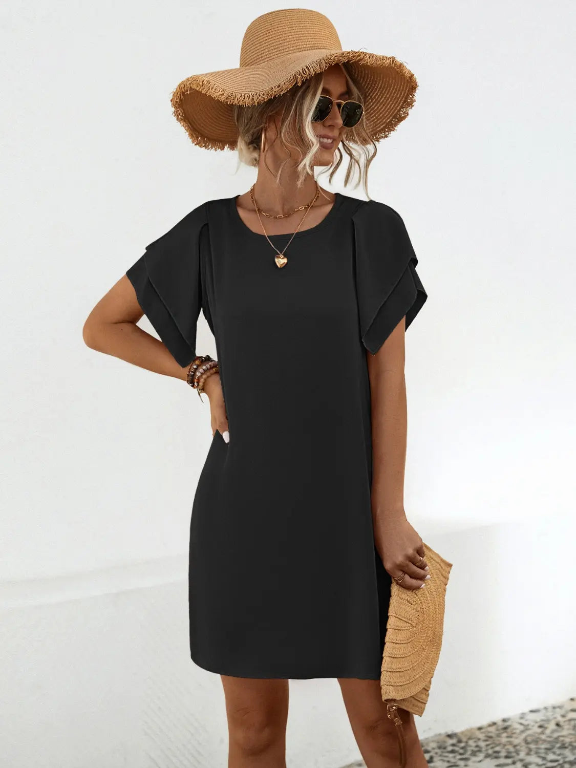 Round Neck Flutter Sleeve Mini Dress Trendsi