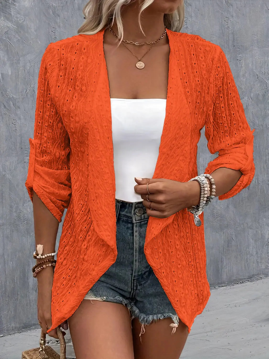 Eyelet Roll-Tab Sleeve Cardigan Trendsi