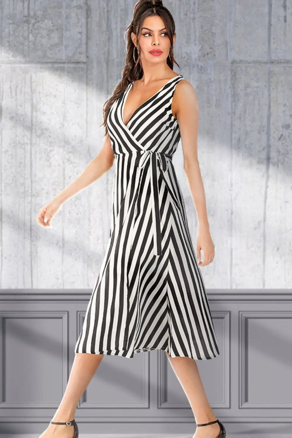 Striped Surplice Tied Sleeveless Dress Trendsi