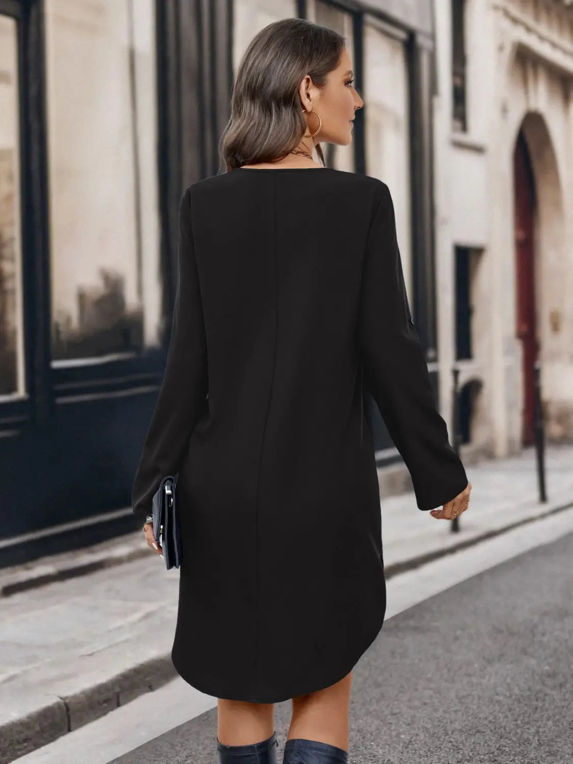 Half Zip Roll-Tab Sleeve Dress Trendsi