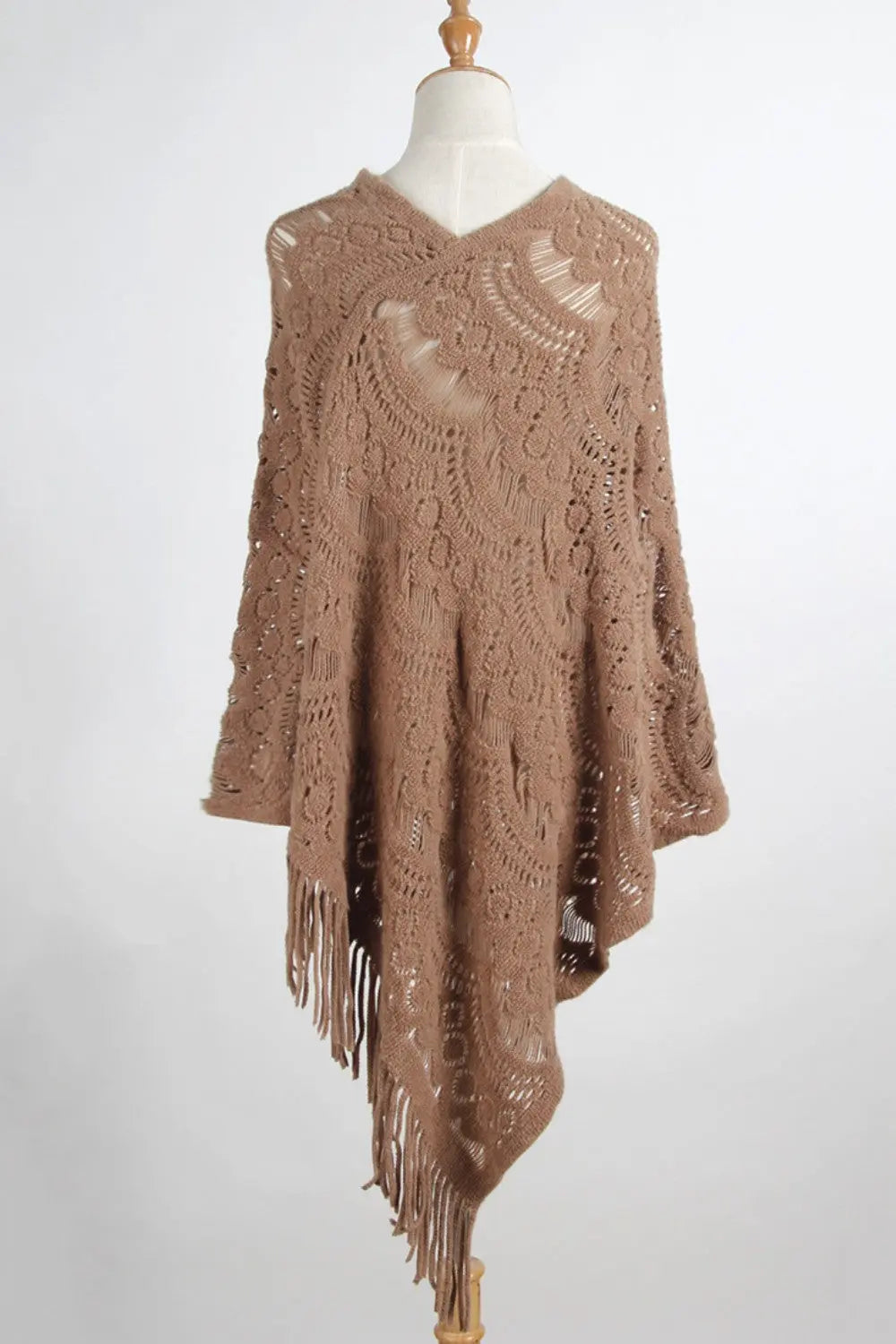 Fringe Openwork Surplice Cape Sleeve Poncho Trendsi