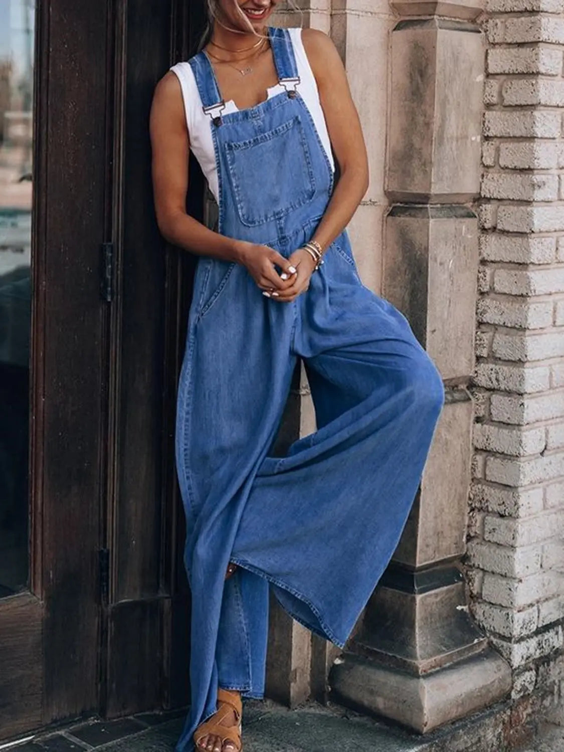 Wide Leg Denim Overalls Trendsi