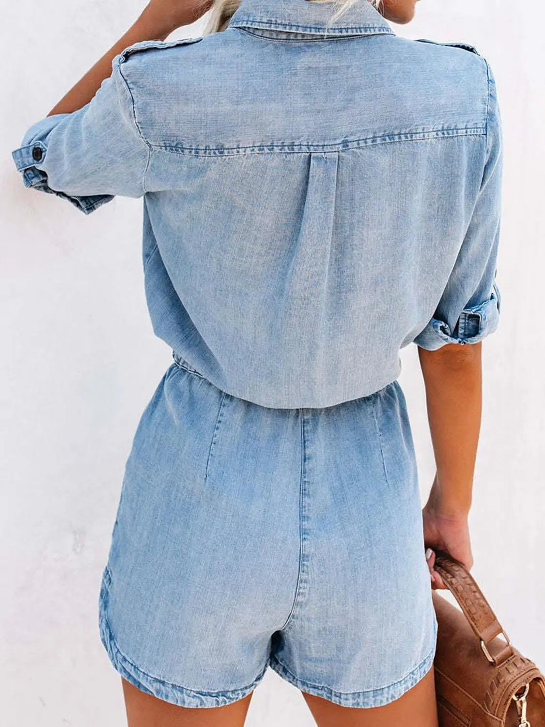 Drawstring Half Button Half Sleeve Denim Romper - GlossiChic Collection