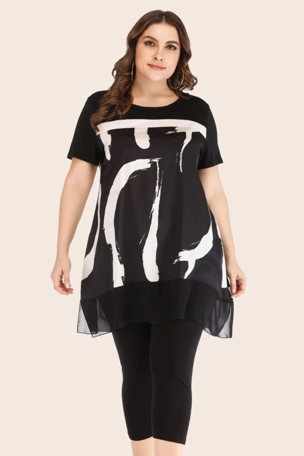 Plus Size Contrast Spliced Mesh T-Shirt and Cropped Leggings Set Trendsi