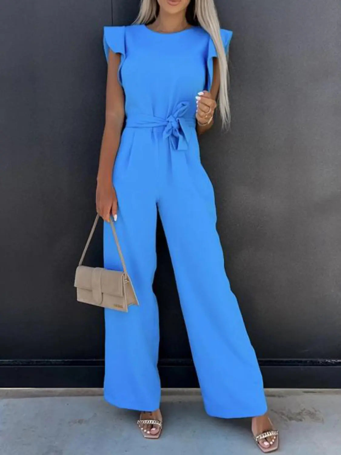 Ruffled Round Neck Cap Sleeve Jumpsuit Trendsi