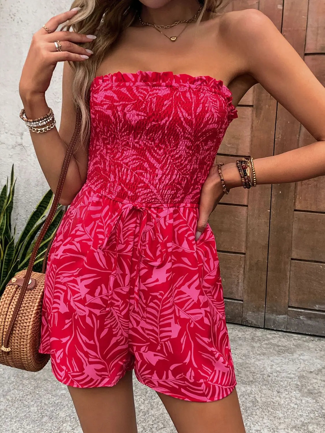 Smocked Printed Tube Romper with Pockets Trendsi