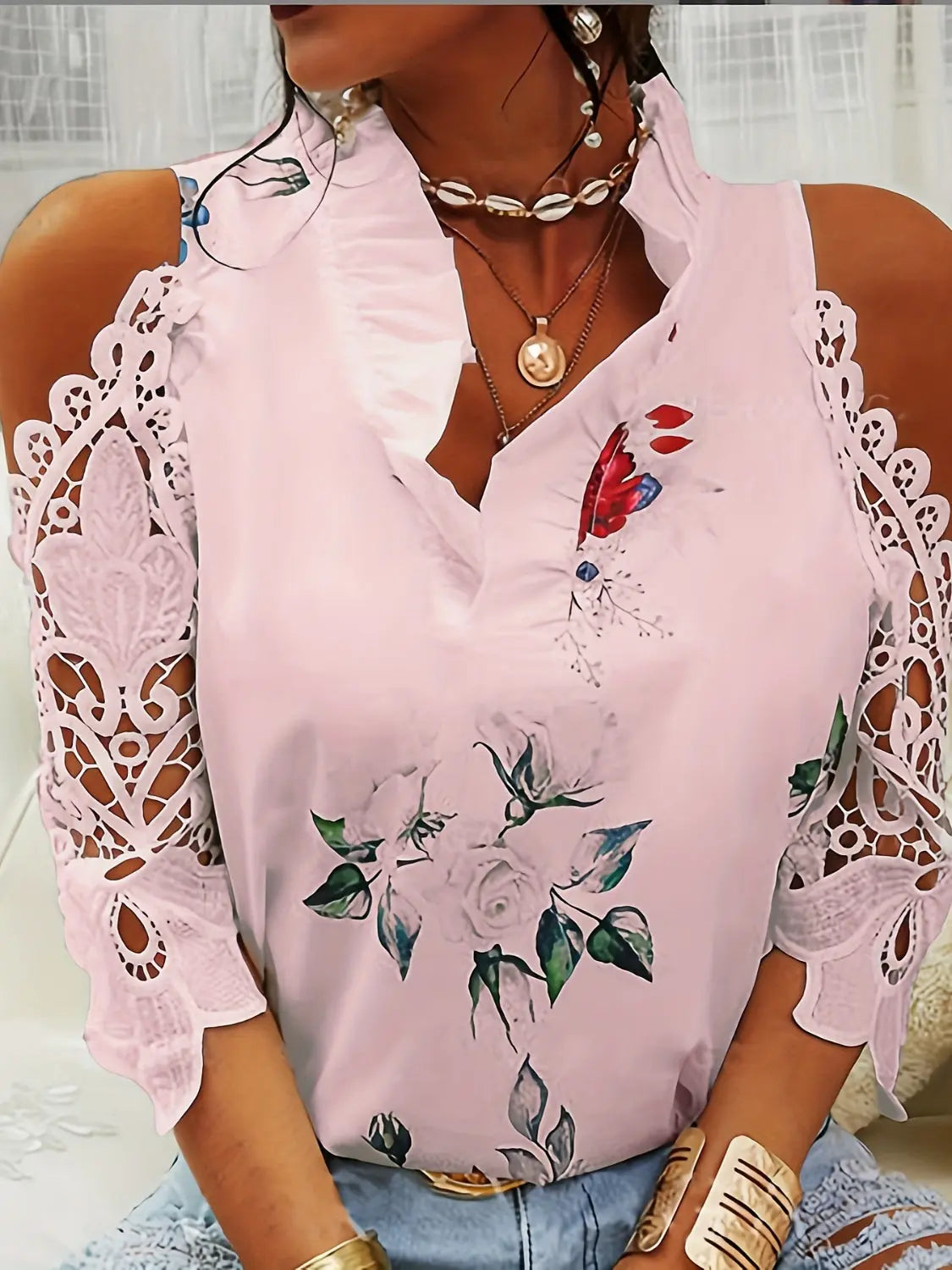 Full Size Lace Printed Half Sleeve Blouse - GlossiChic Collection Blush Pink / S GlossiChic Collection Shirts & Tops