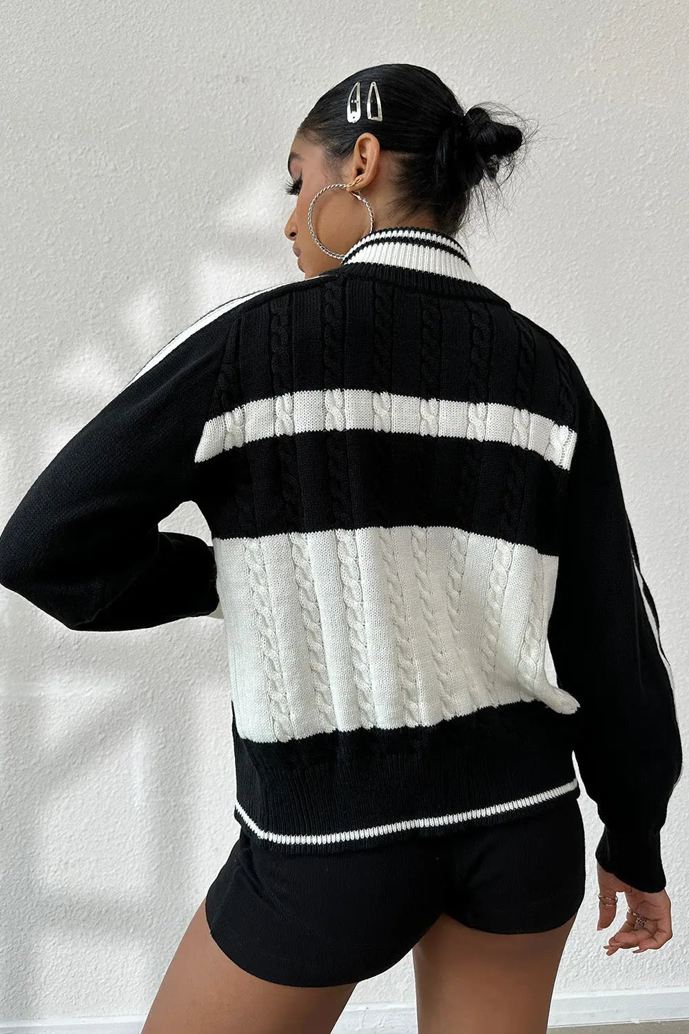 Cable-Knit Color Block Raglan Sleeve Cardigan Trendsi