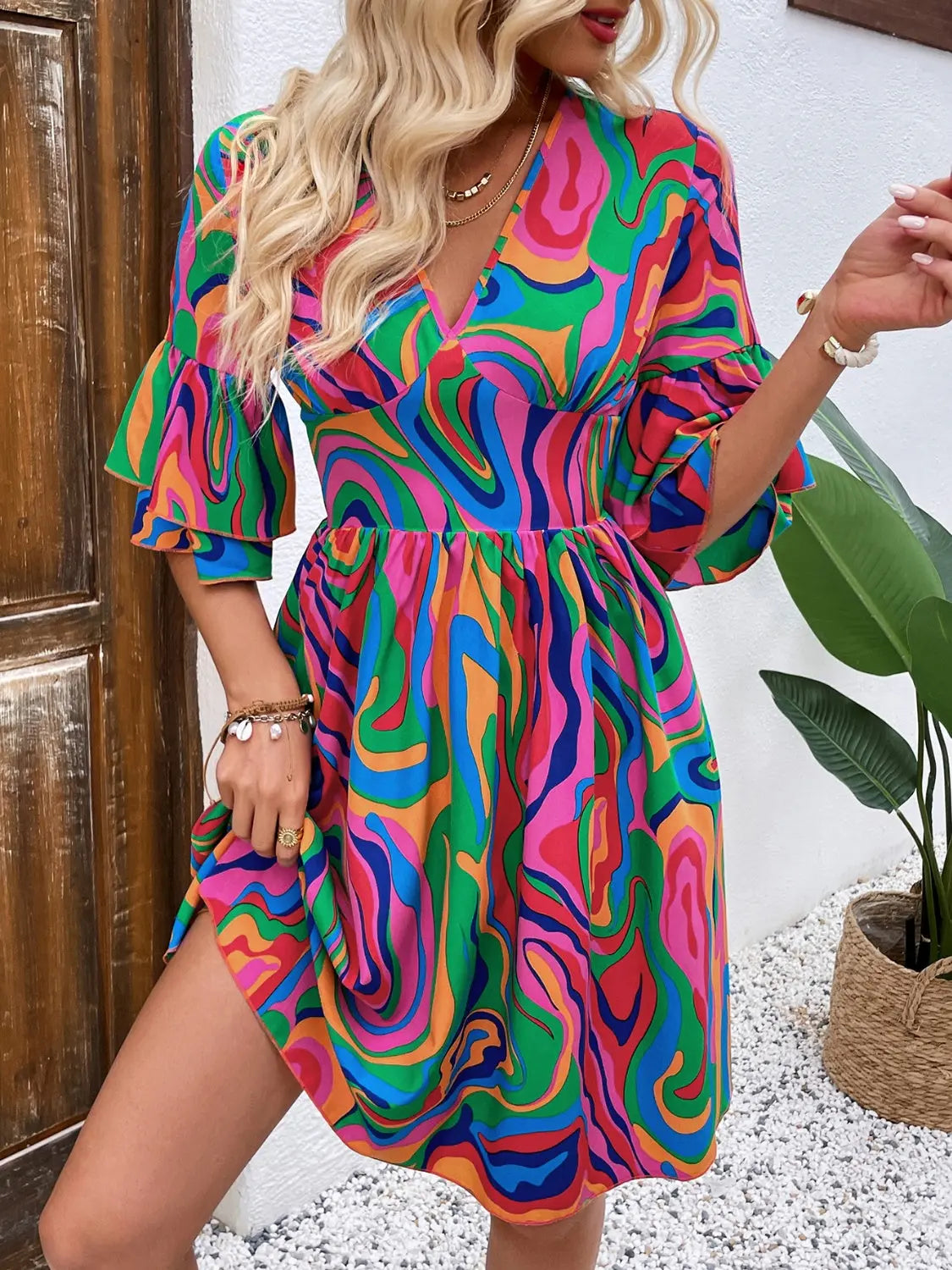 Ruffled Printed V-Neck Half Sleeve Mini Dress Trendsi