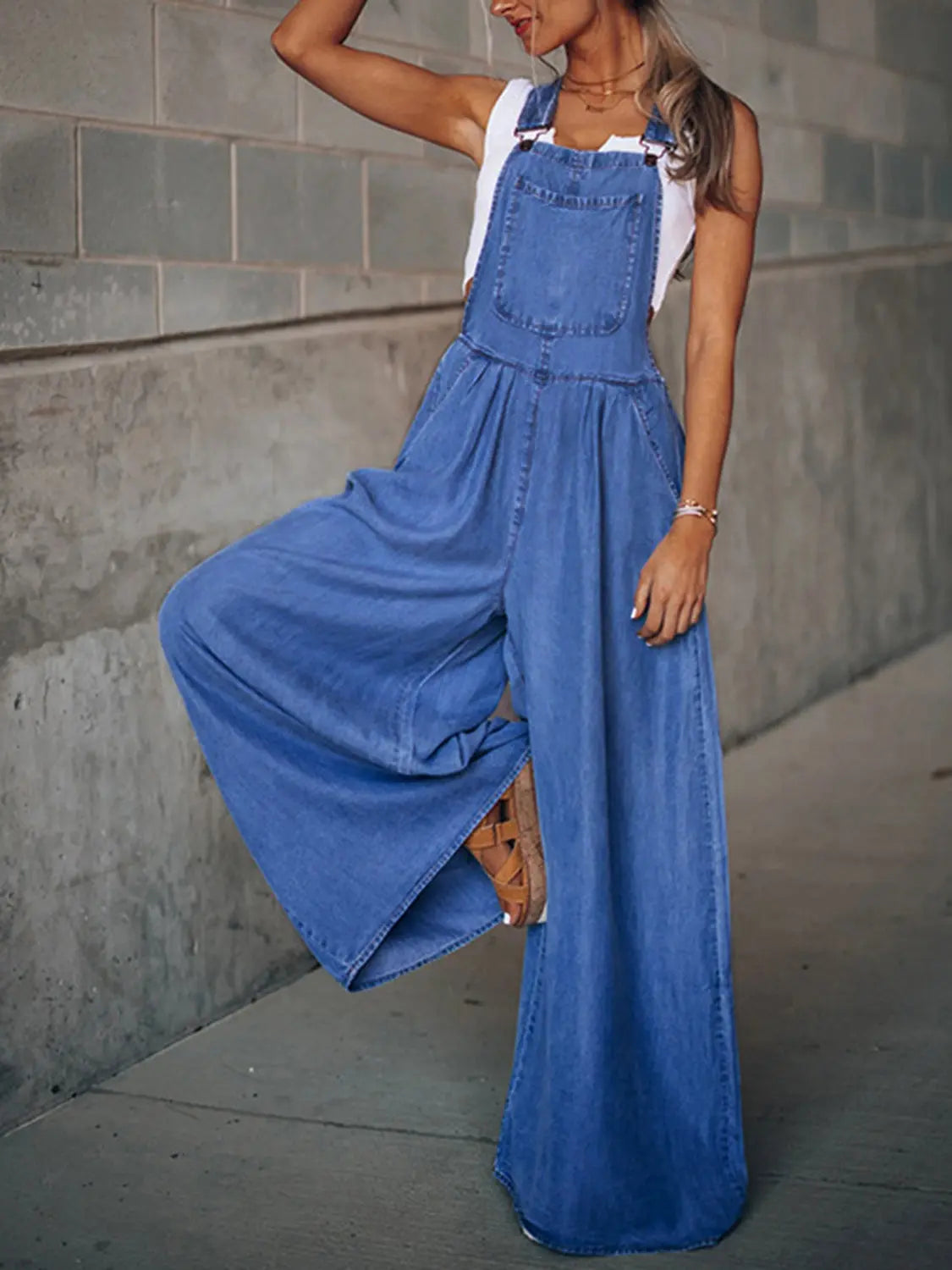 Wide Leg Denim Overalls Trendsi