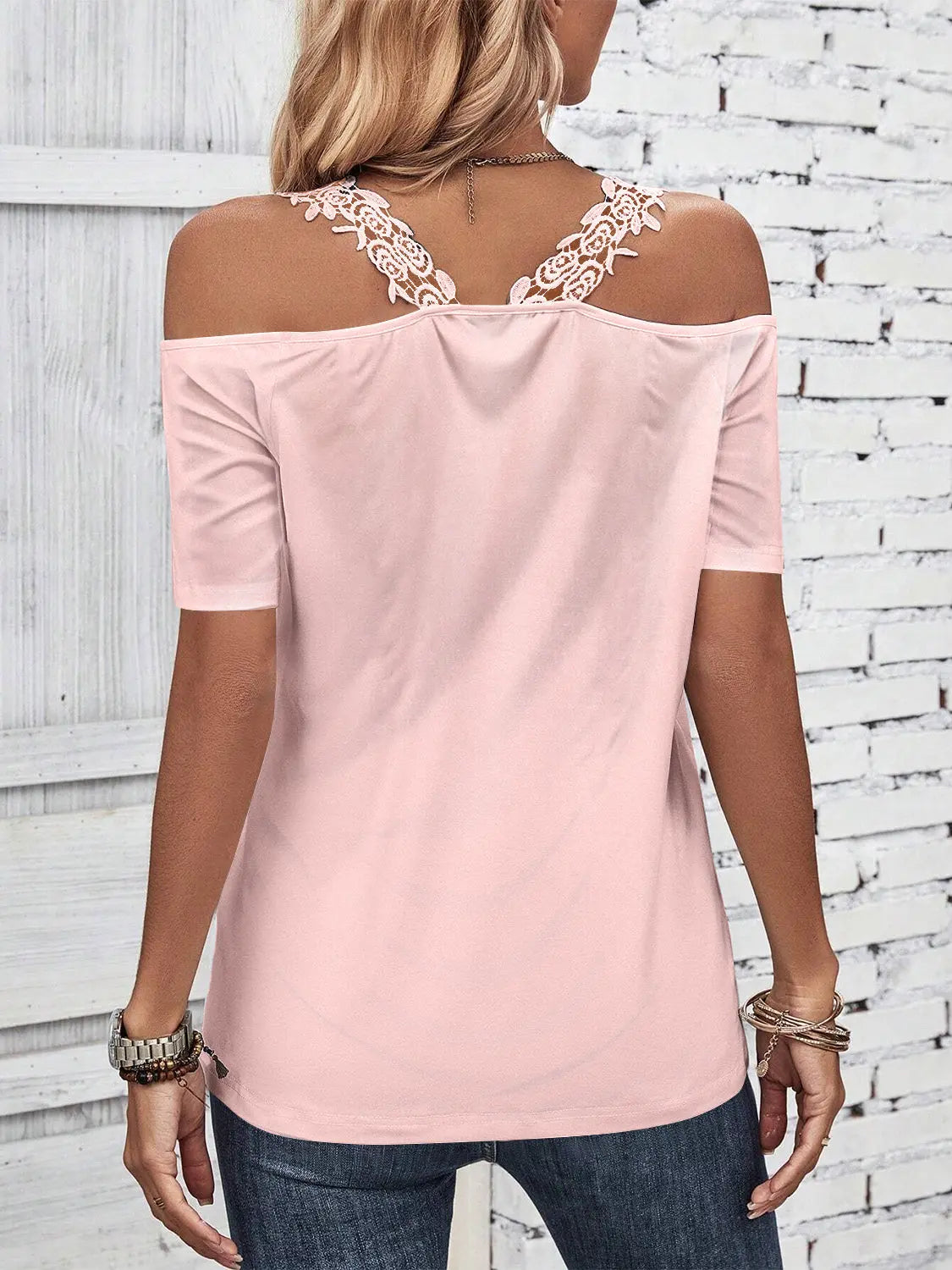 Full Size Lace Detail Short Sleeve T-Shirt - GlossiChic Collection White / S GlossiChic Collection Shirts & Tops