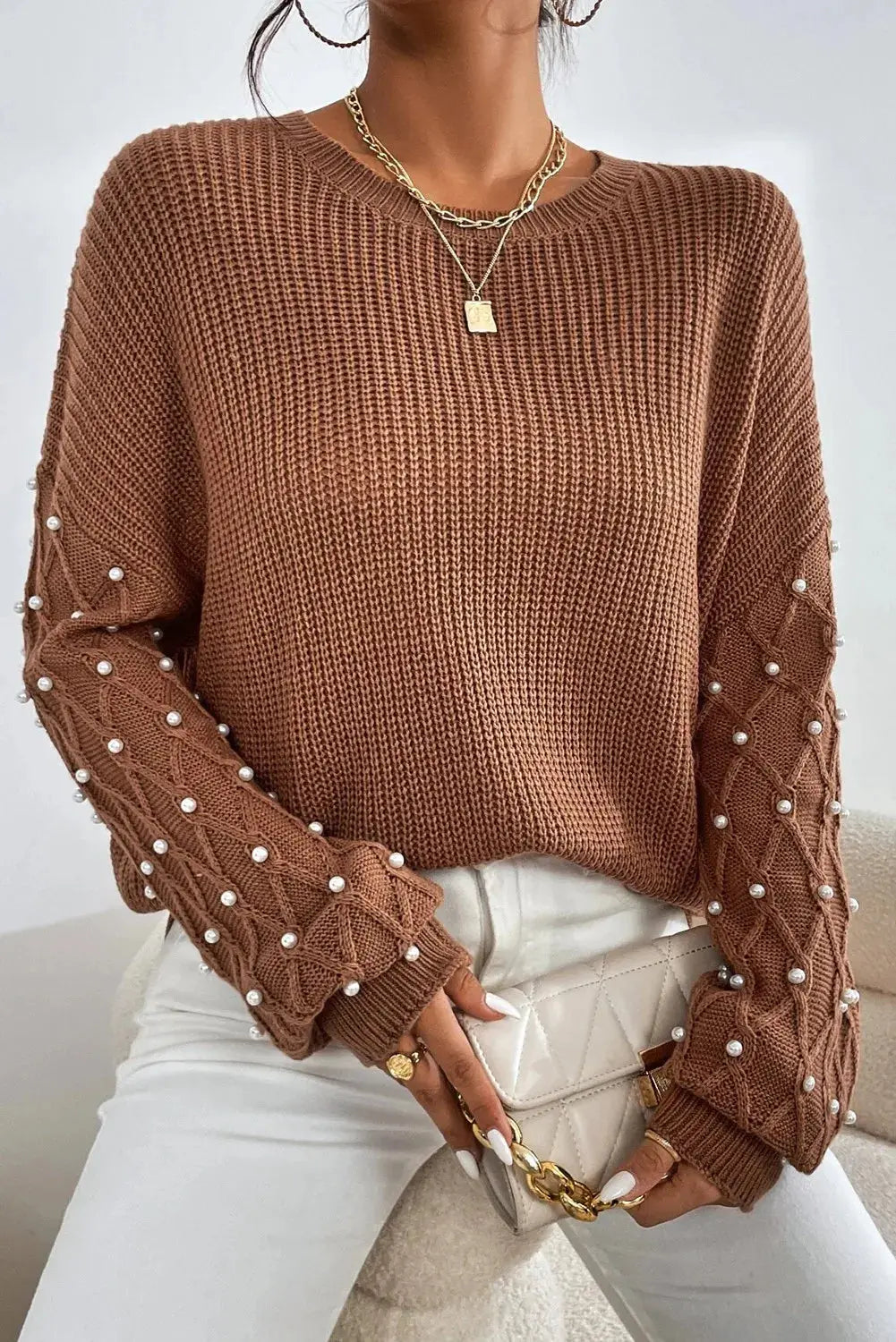 Pearl Detail Round Neck Long Sleeve Sweater Trendsi