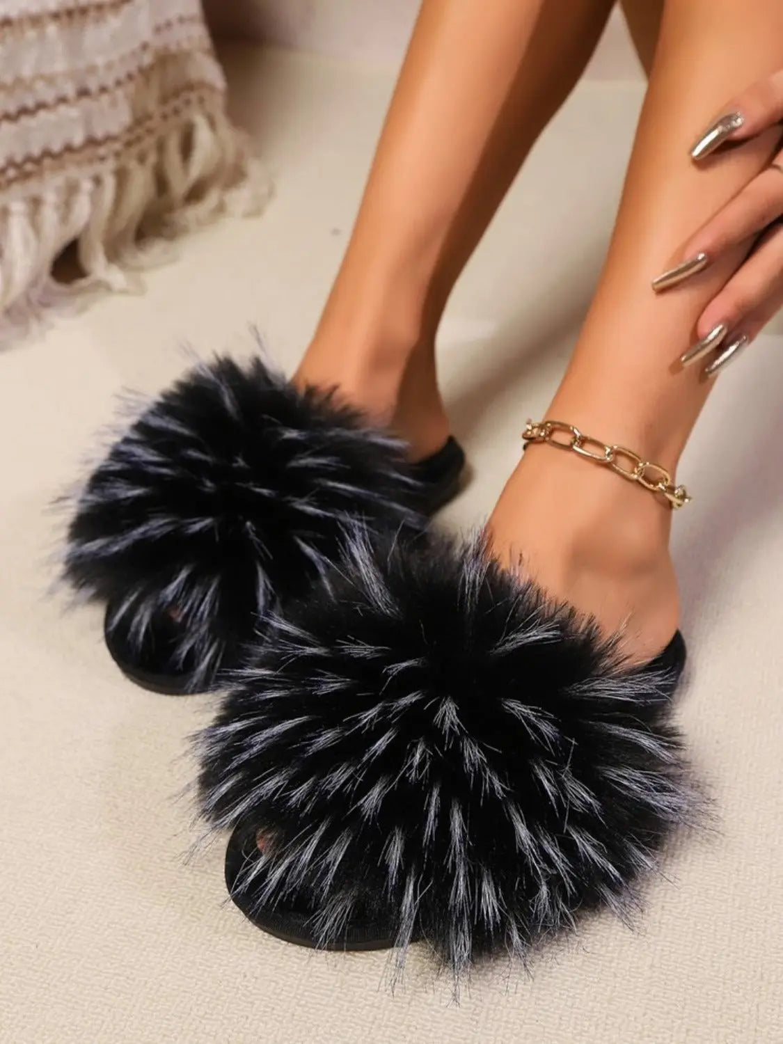 Fuzzy Open Toe Flat Sandals Trendsi