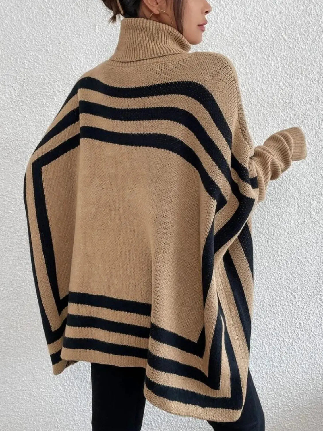 Striped Turtleneck Batwing Sleeve Sweater with Pockets GlossiChic Collection