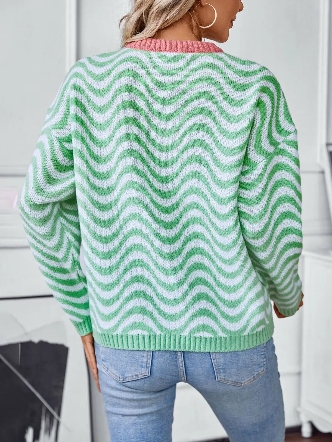 Wavy Stripes Round Neck Long Sleeve Sweater Trendsi