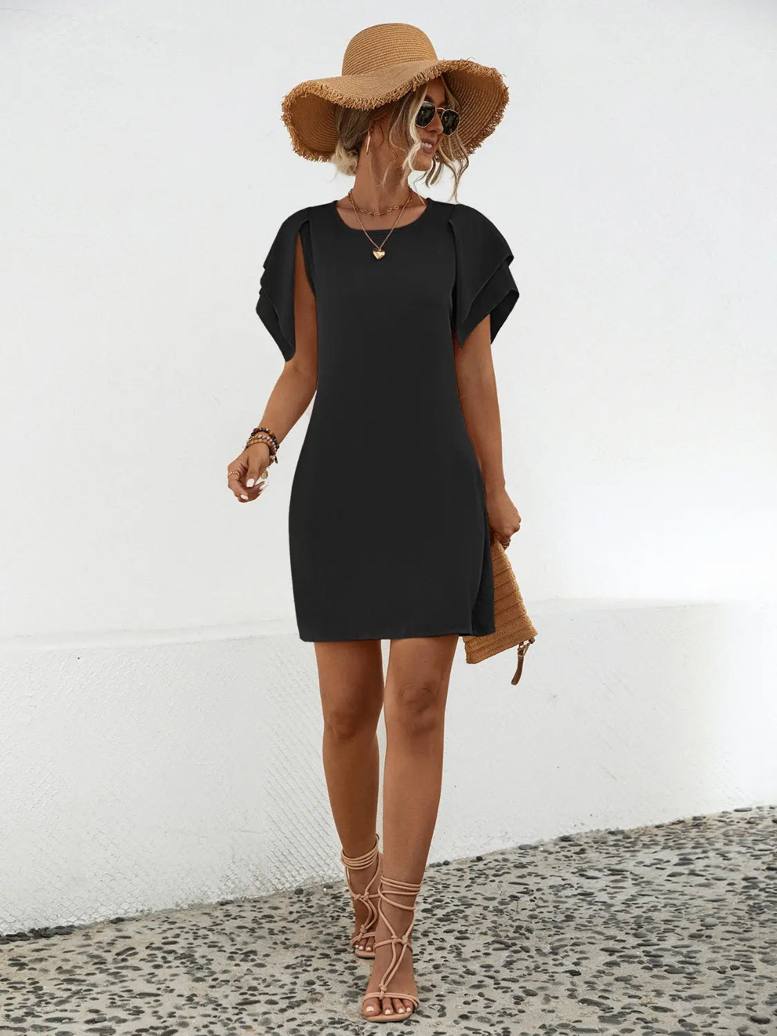 Round Neck Flutter Sleeve Mini Dress Trendsi