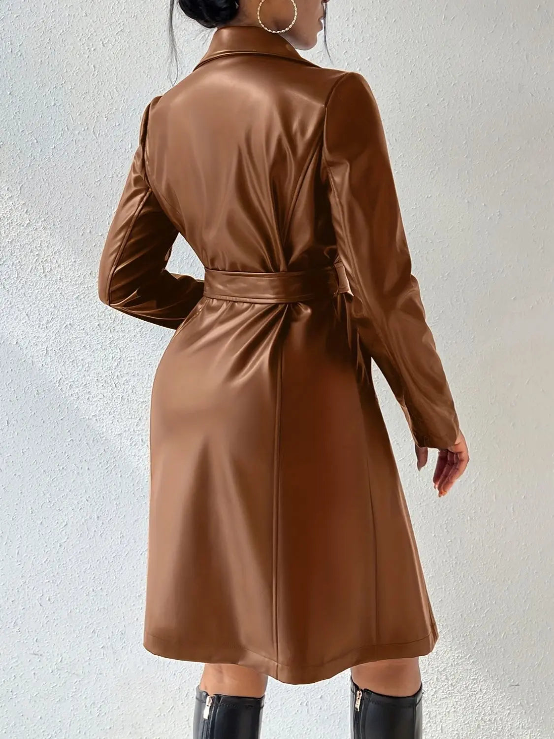 Tied PU Leather Long Sleeve Trench Coat  GlossiChic Collection