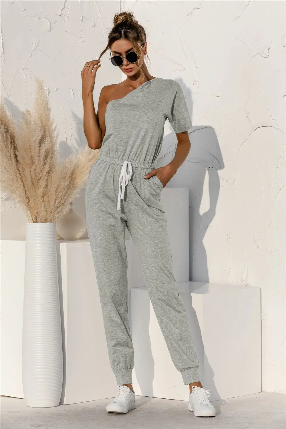 Single Shoulder Short Sleeve Jumpsuit Trendsi