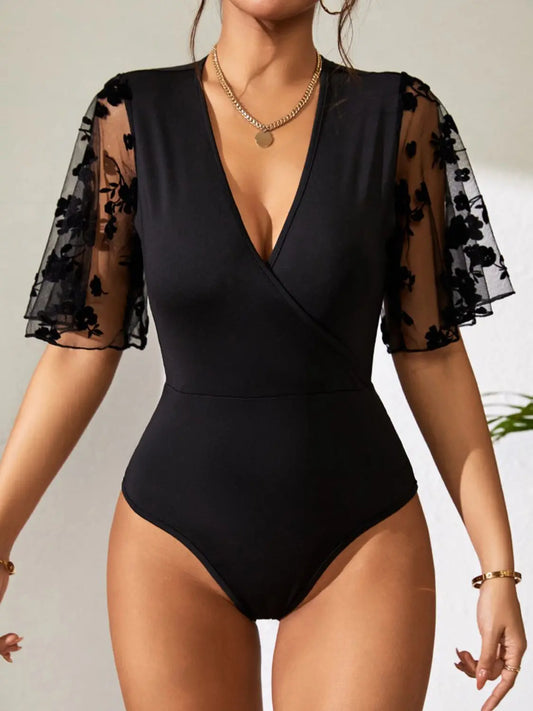 Surplice Lace Half Sleeve Bodysuit Trendsi