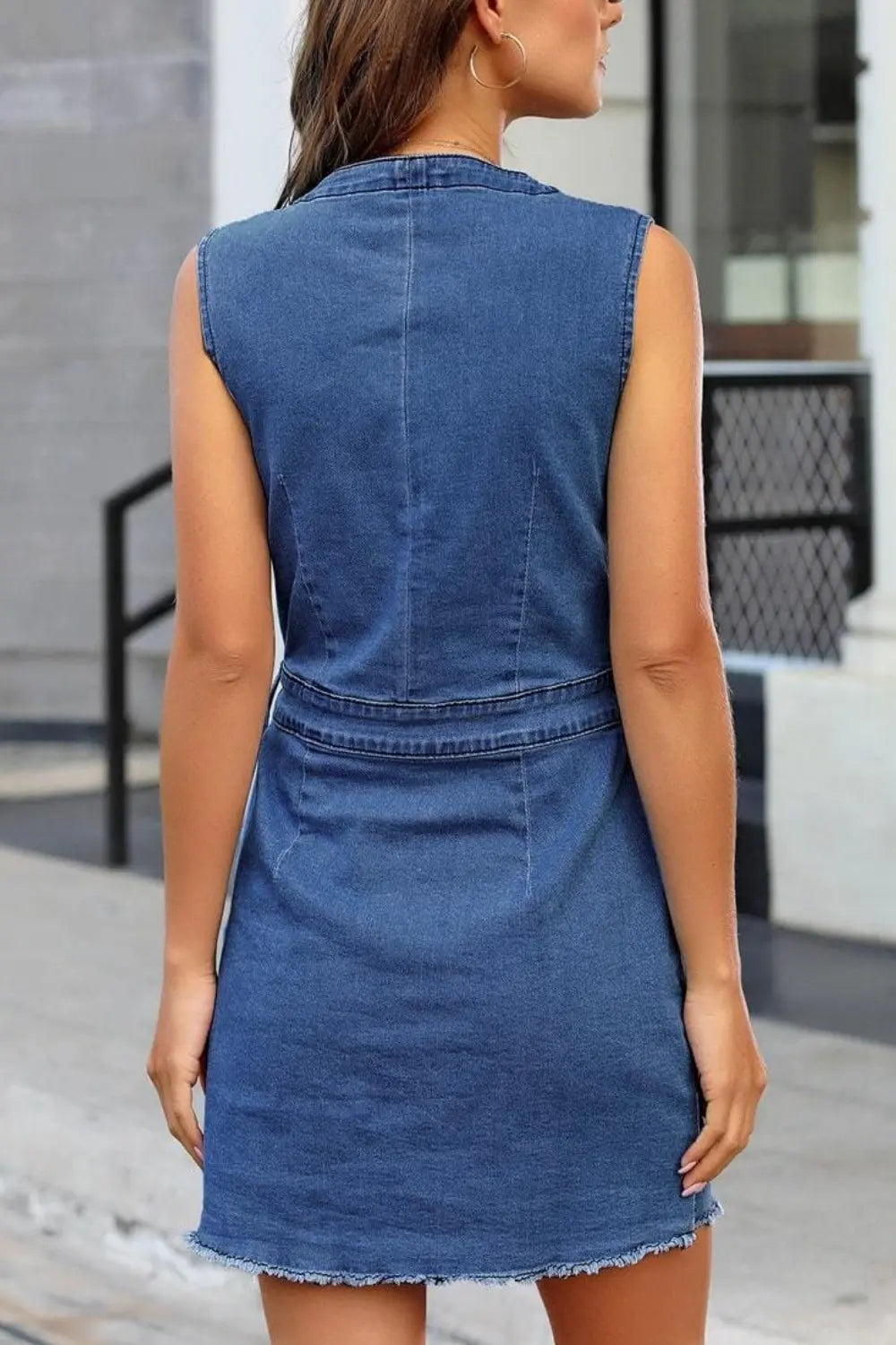 Full Size Button Up V-Neck Sleeveless Denim Dress - GlossiChic Collection