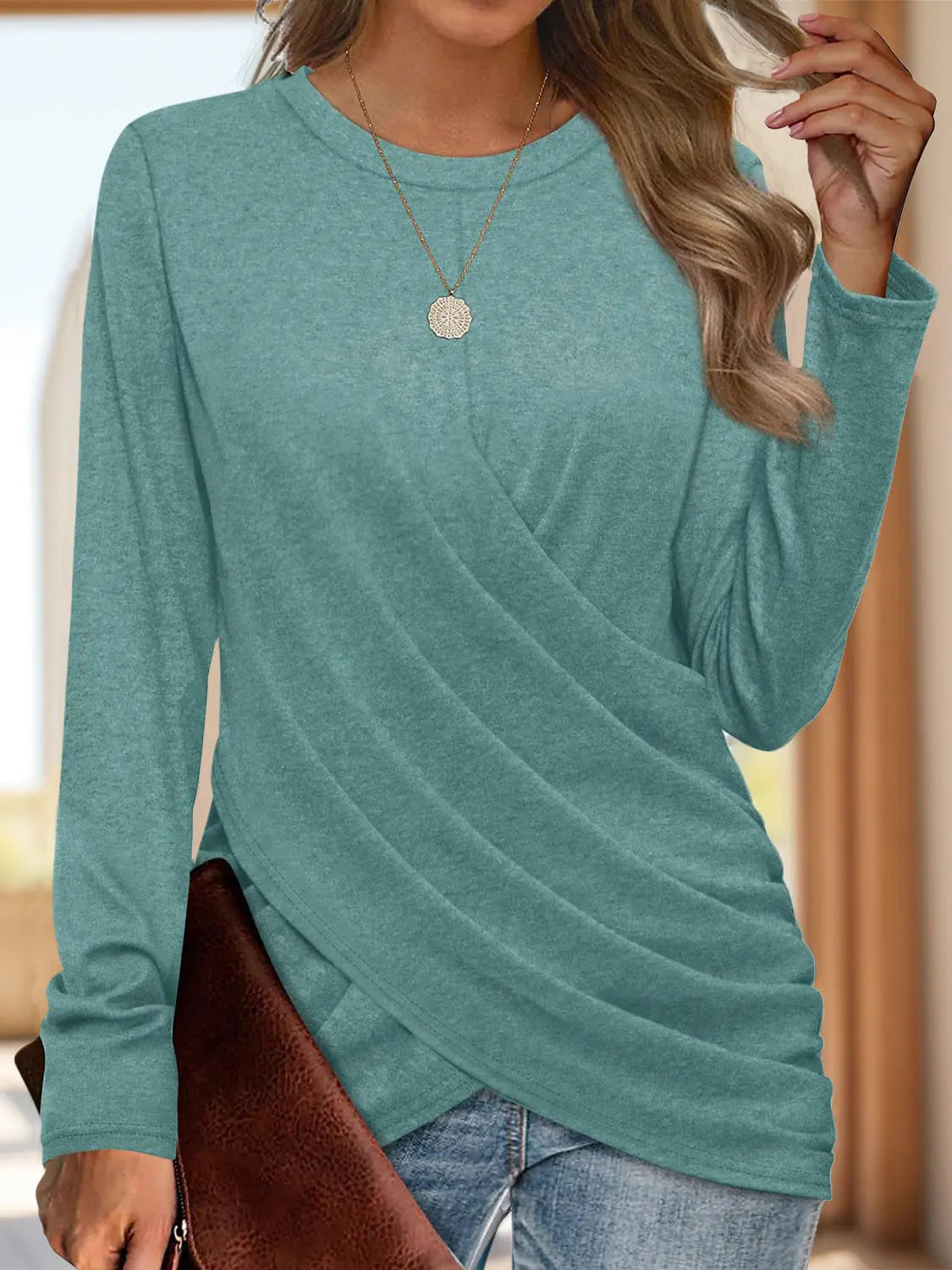 Ruched Round Neck Long Sleeve T-Shirt Trendsi