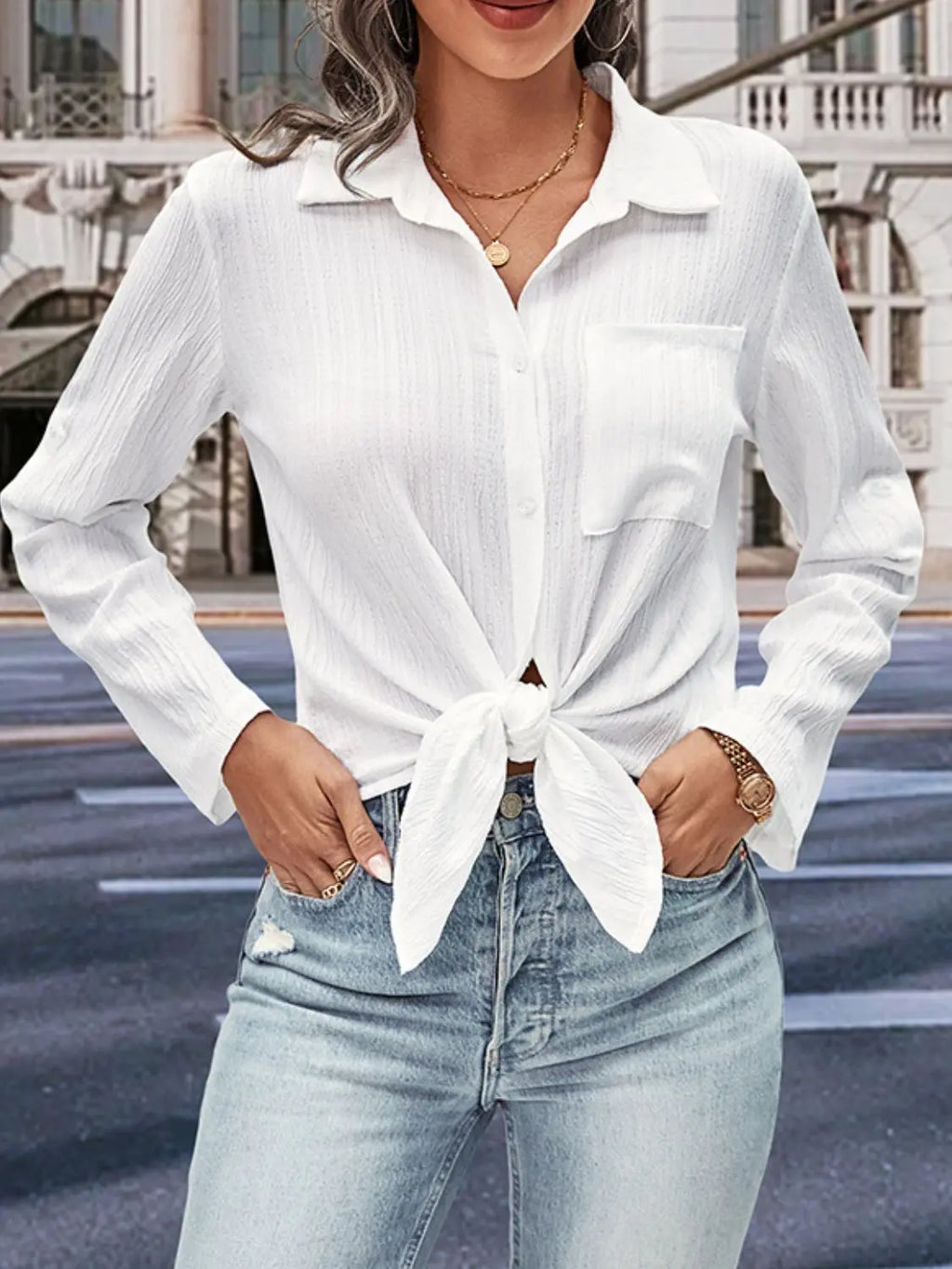 Collared Neck Half Sleeve Twisted Shirt - GlossiChic Collection White / S GlossiChic Collection Shirts & Tops