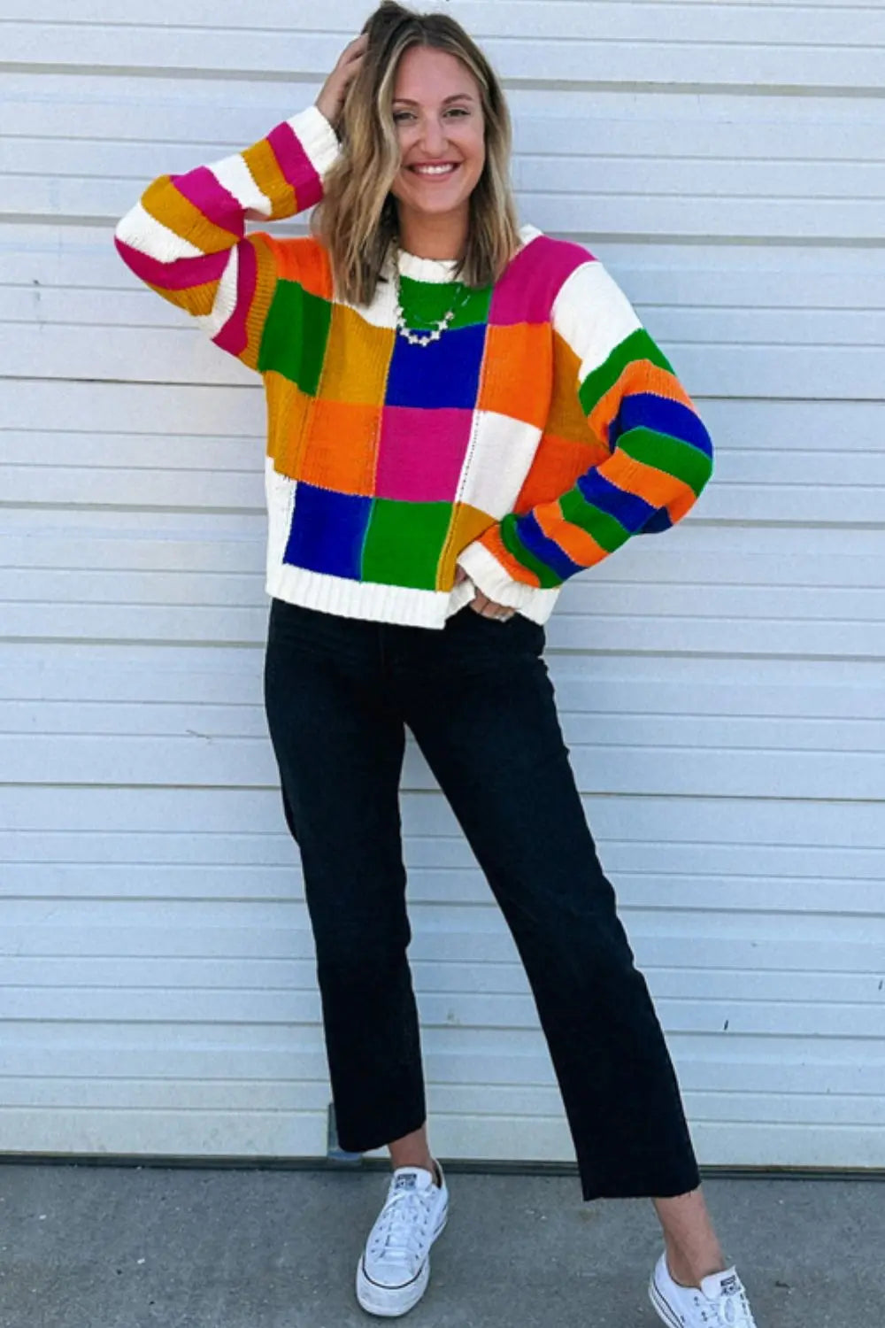 Color Block Round Neck Long Sleeve Sweater Trendsi