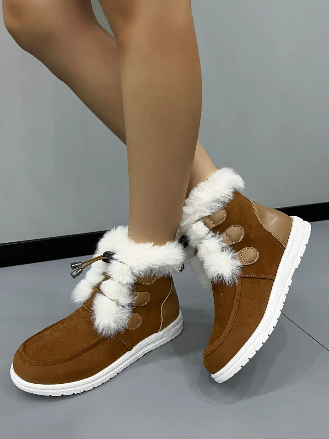 Plush Detail Suede Round Toe Boots Trendsi