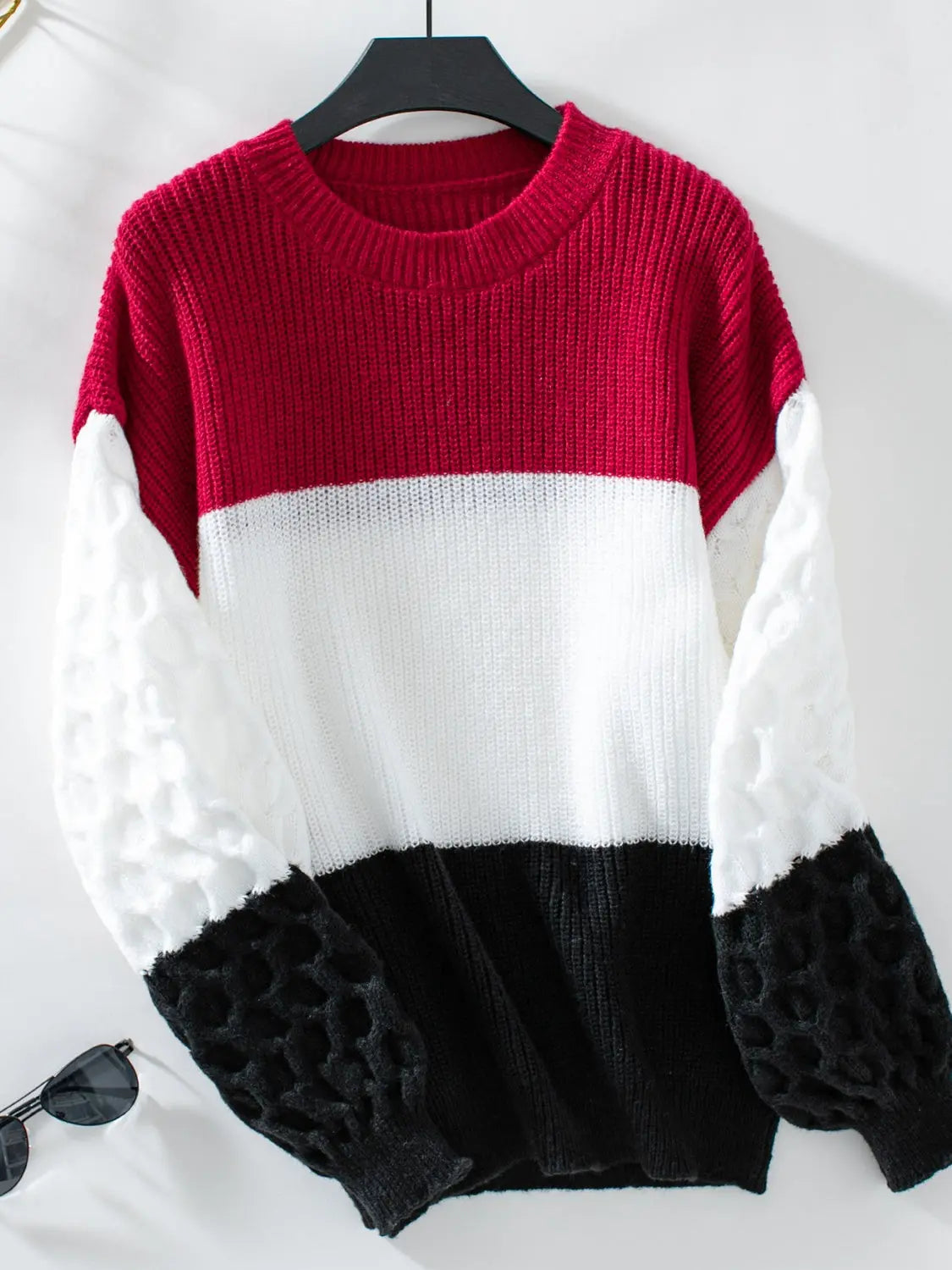 Color Block Round Neck Long Sleeve Sweater Trendsi