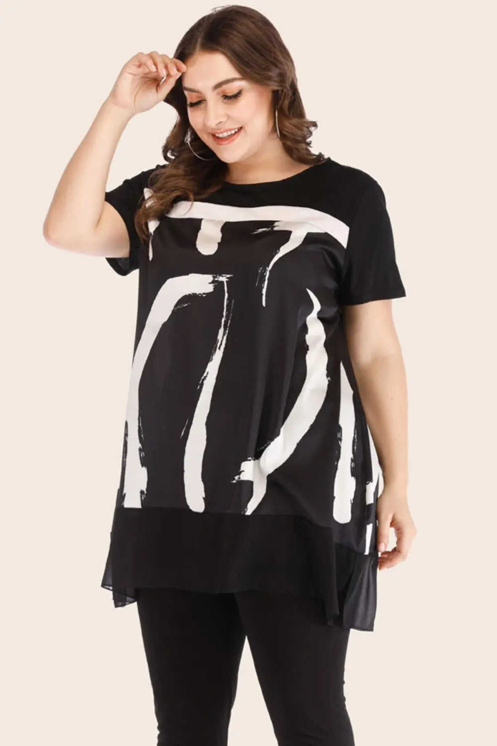 Plus Size Contrast Spliced Mesh T-Shirt and Cropped Leggings Set - GlossiChic Collection Black / XL GlossiChic Collection Outfit Sets