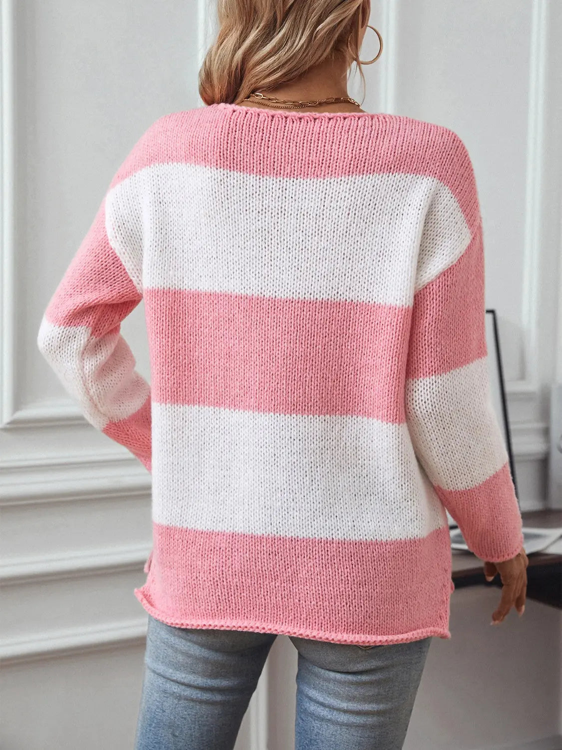 Color Block V-Neck Long Sleeve Sweater Trendsi