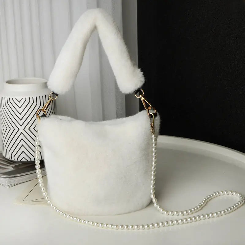 Checkerboard Plush Bucket With Pearl Chain Handbag - GlossiChic Collection