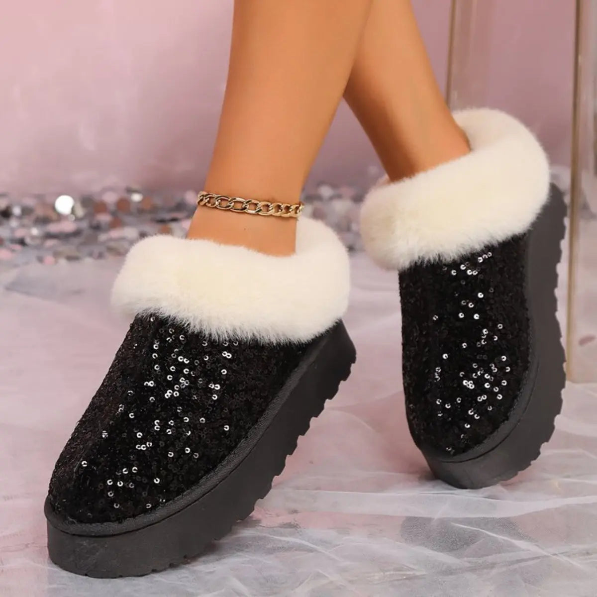 Plush Trim Sequin Platform Boots Trendsi