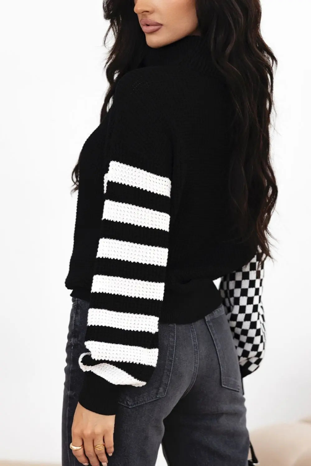 Striped & Checkered Turtleneck Dropped Shoulder Sweater GlossiChic Collection