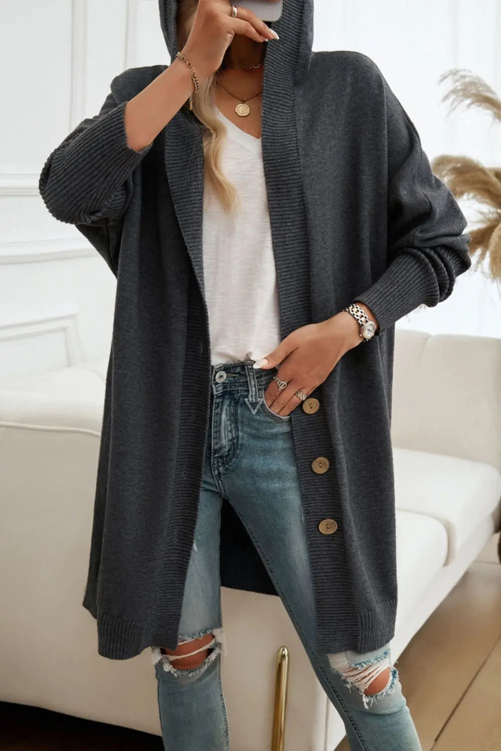 Devine Button Up Long Sleeve Hooded Cardigan Trendsi