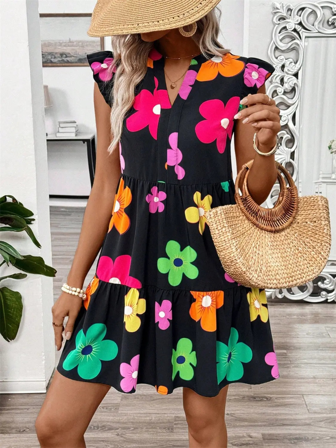 Ruffled Printed Notched Cap Sleeve Dress Trendsi