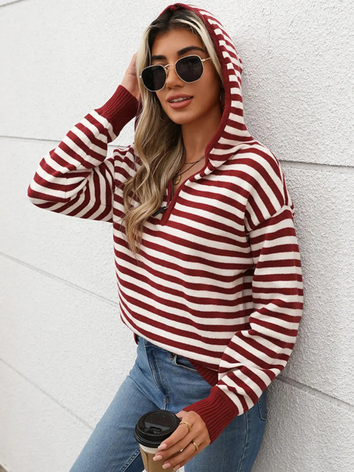 Striped Long Sleeve Hooded Sweater GlossiChic Collection