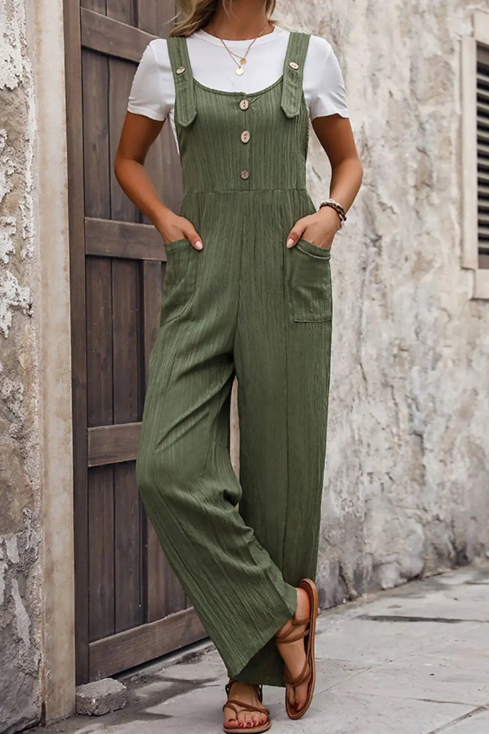 Textured Pocketed Wide Strap Overalls Trendsi