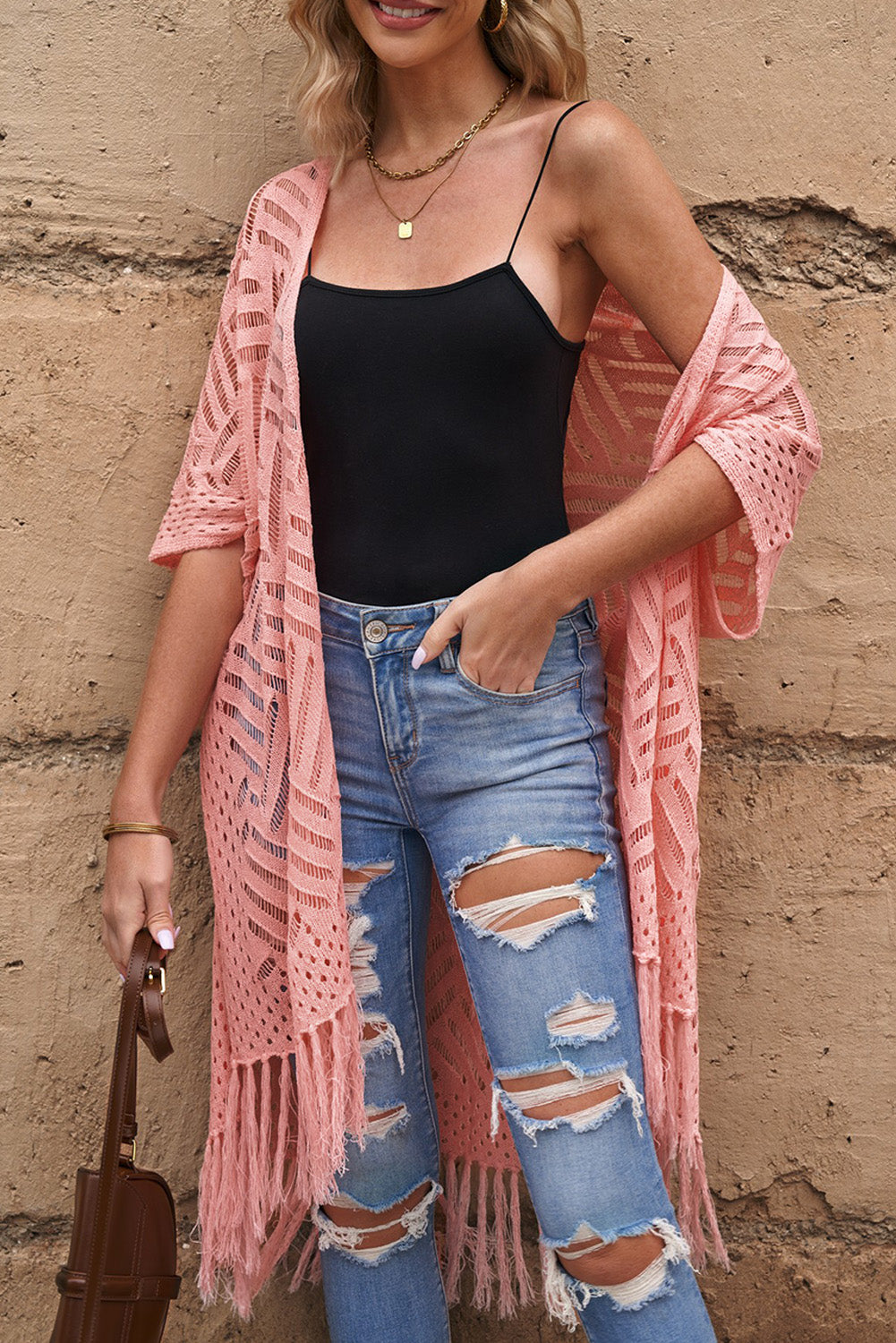 Open Front Cardigan with Fringes - GlossiChic Collection Blush Pink / One Size GlossiChic Collection Blazer & Cardigan
