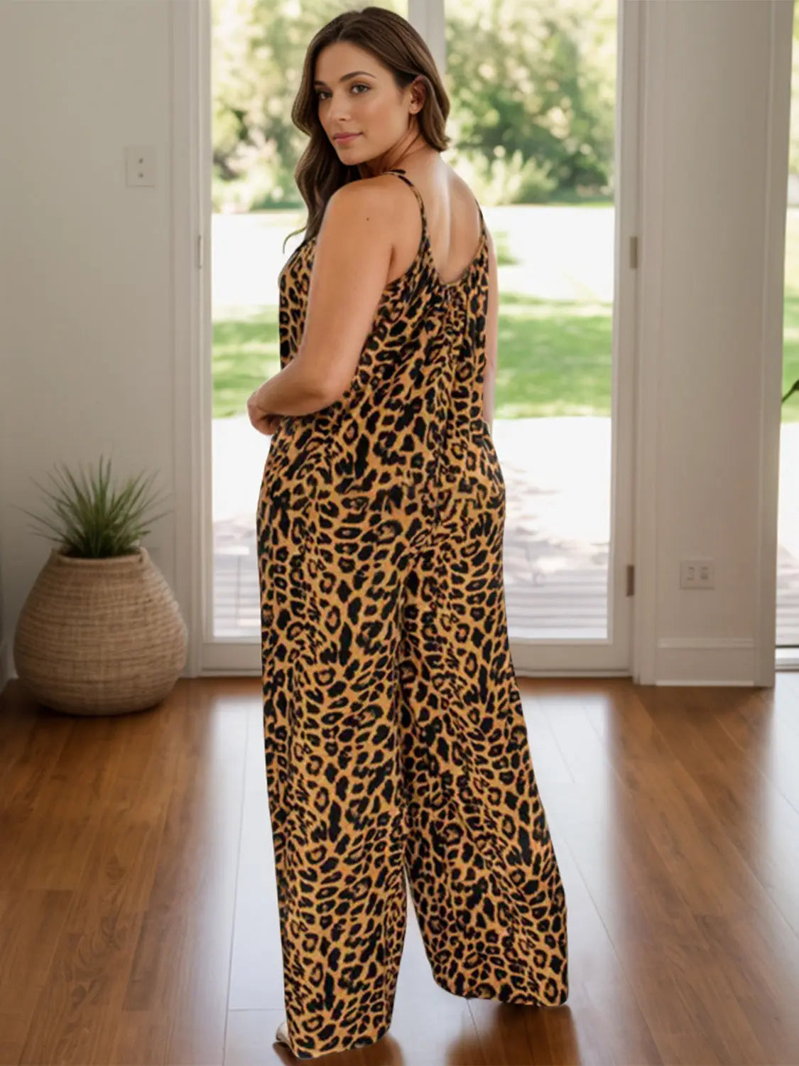 Full Size Leopard Scoop Neck Wide Leg Jumpsuit Trendsi