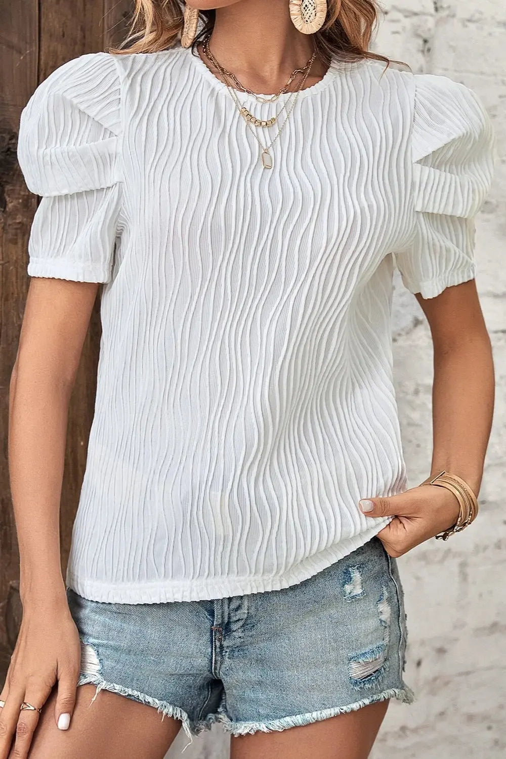 Round Neck Puff Sleeve Blouse Trendsi