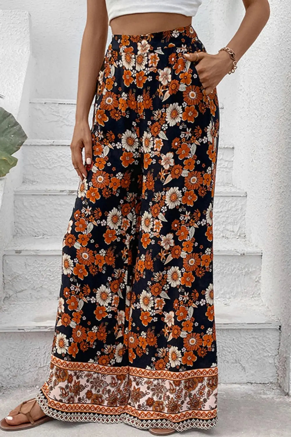 Floral Wide Leg Pants with Pockets - GlossiChic Collection