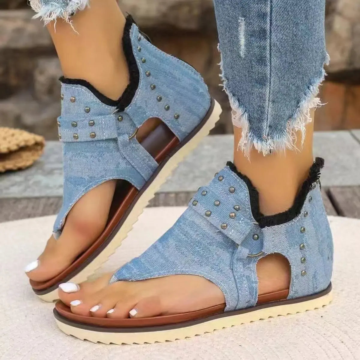 Studded Raw Hem Flat Sandals Trendsi